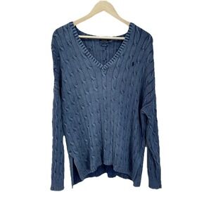 Polo Ralph Lauren Sweater Womens XL blue Cable Knit V Neck Pullover Oversized